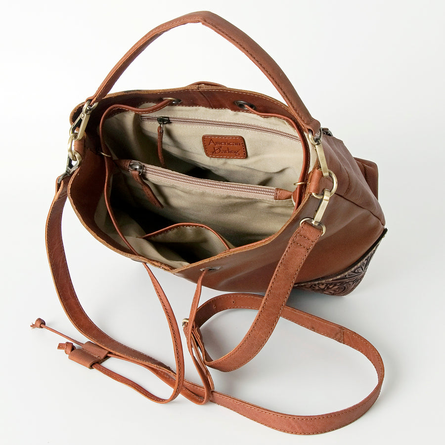 American Darling Hobo Bag, Hand-Tooled Floral Western Leather Purse with Drawstring, 12in (H) X 15in (W) X 6in (D)