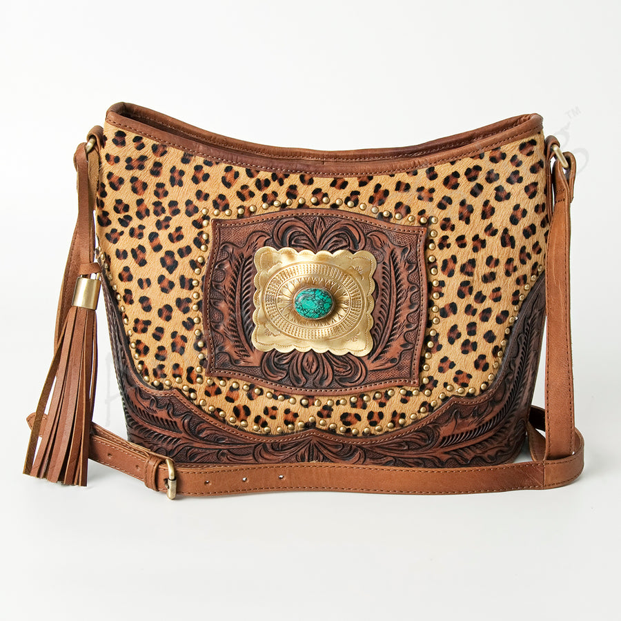 American Darling Messenger Bag, Hand-Tooled Leather Western Purse with Turquoise Stone & Tassels, 8.5in (H) X 15in (W) X 6in (D)
