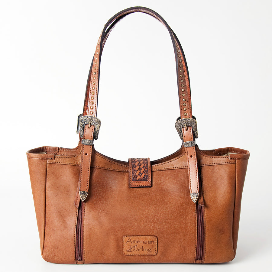 American Darling Tote Bag, Hand-Tooled Floral Western Leather Purse, Hair-On Cowhide, Concho, 7.75in (H) X 13.75in (W) X 6in (D)