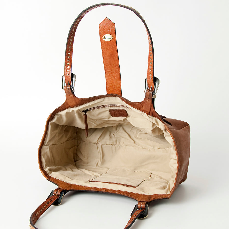American Darling Tote Bag, Hand-Tooled Floral Western Leather Purse, Hair-On Cowhide, Concho, 7.75in (H) X 13.75in (W) X 6in (D)