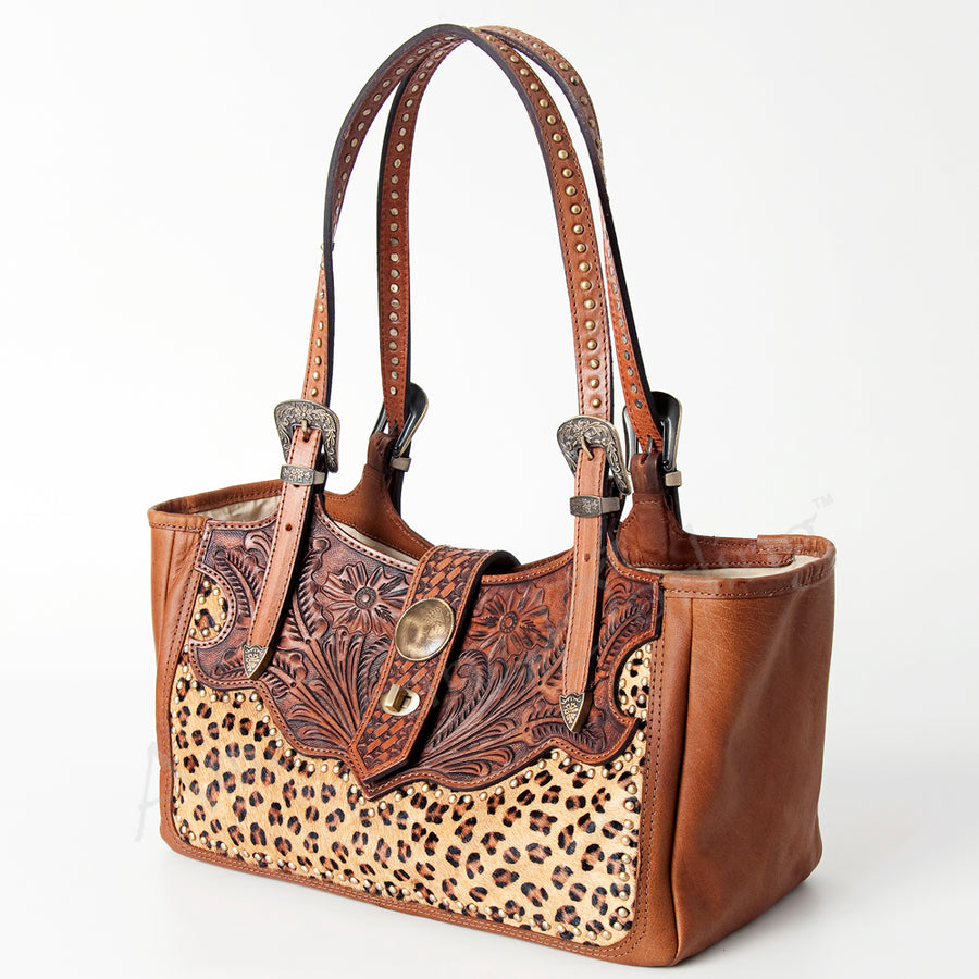 American Darling Western Hand-Tooled Floral Tote Bag - Cowhide and Concho Leather Purse - Uhorse