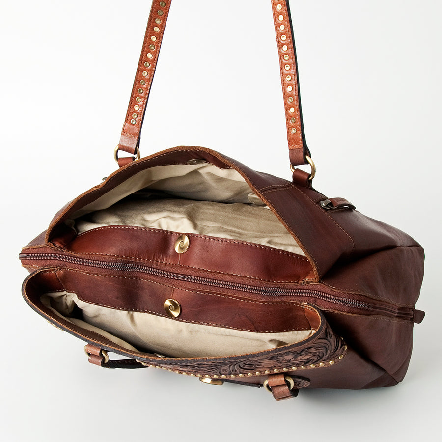 American Darling Tote Bag, Hand-Tooled Floral Western Leather Purse, Hair-On Cowhide, Concho, 11.5in (H) X 14in (W) X 5in (D)