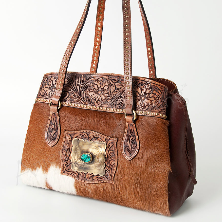 American Darling Tote Bag, Hand-Tooled Floral Western Leather Purse, Hair-On Cowhide, Concho, 11.5in (H) X 14in (W) X 5in (D)