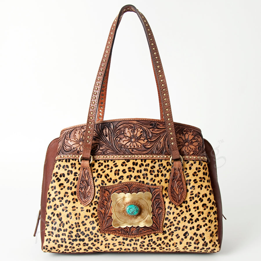 American Darling Tote Bag, Hand-Tooled Floral Western Leather Purse, Hair-On Cowhide, Concho, 11.5in (H) X 14in (W) X 5in (D)