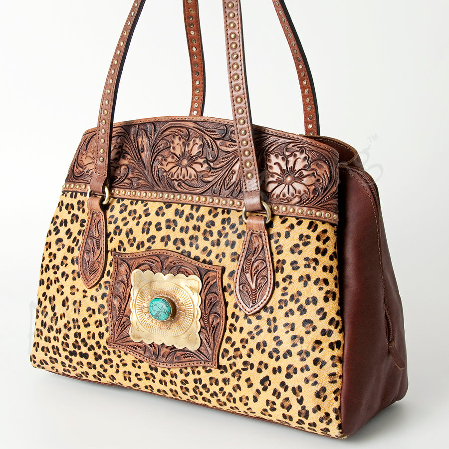 American Darling Western Hand-Tooled Floral Tote Bag - Cowhide and Concho Leather Purse - Uhorse