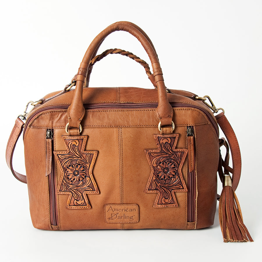 American Darling Tote Bag, Hand-Tooled Floral Western Leather Purse, Hair-On Cowhide, Braided Handle, 8.75in (H) X 17.5in (W) X 5in (D)