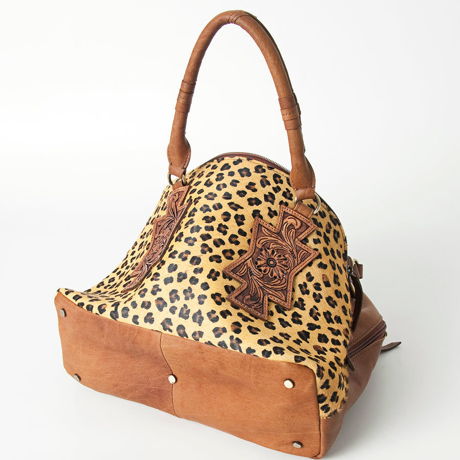 American Darling Tote Bag, Hand-Tooled Floral Western Leather Purse, Hair-On Cowhide, Braided Handle, 8.75in (H) X 17.5in (W) X 5in (D)