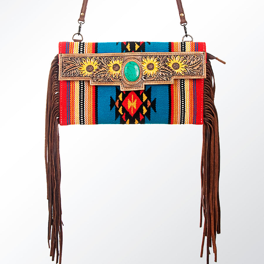 American Darling Small Cross body Bag Hand Tooled Floral Carved Saddle Blanket Genuine Leather Western Purse with Fringes