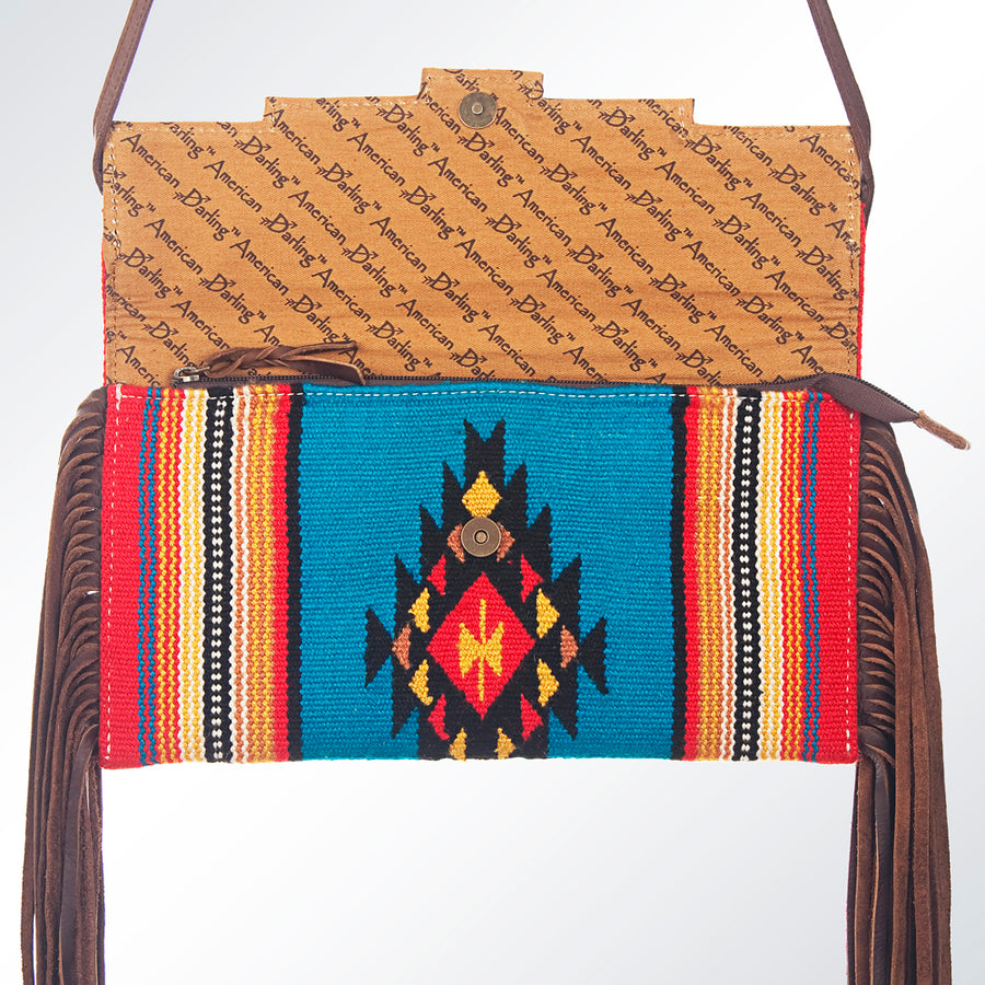 American Darling Small Cross body Bag Hand Tooled Floral Carved Saddle Blanket Genuine Leather Western Purse with Fringes
