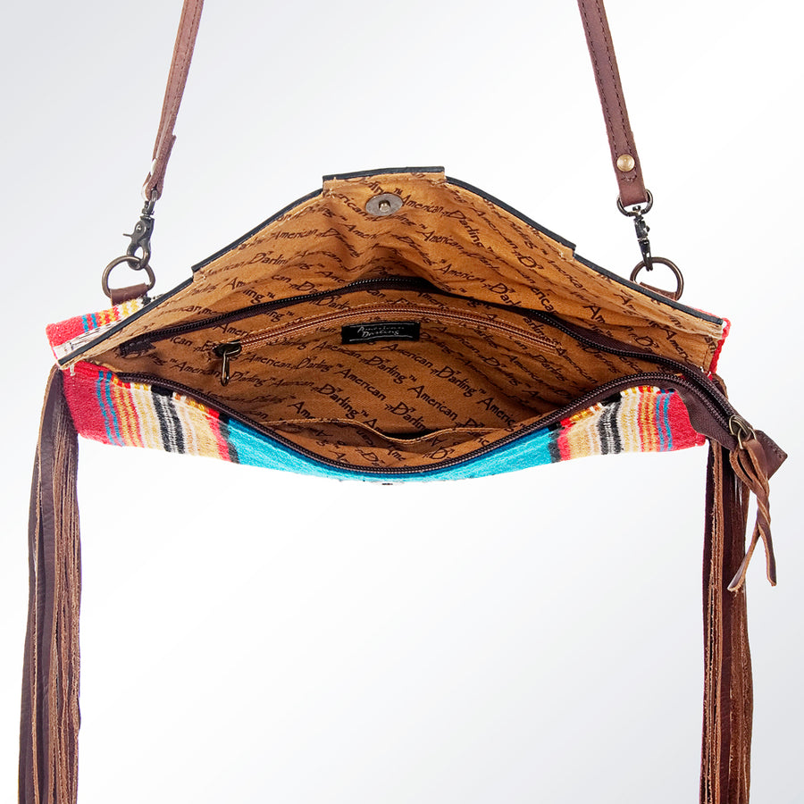 American Darling Small Cross body Bag Hand Tooled Floral Carved Saddle Blanket Genuine Leather Western Purse with Fringes