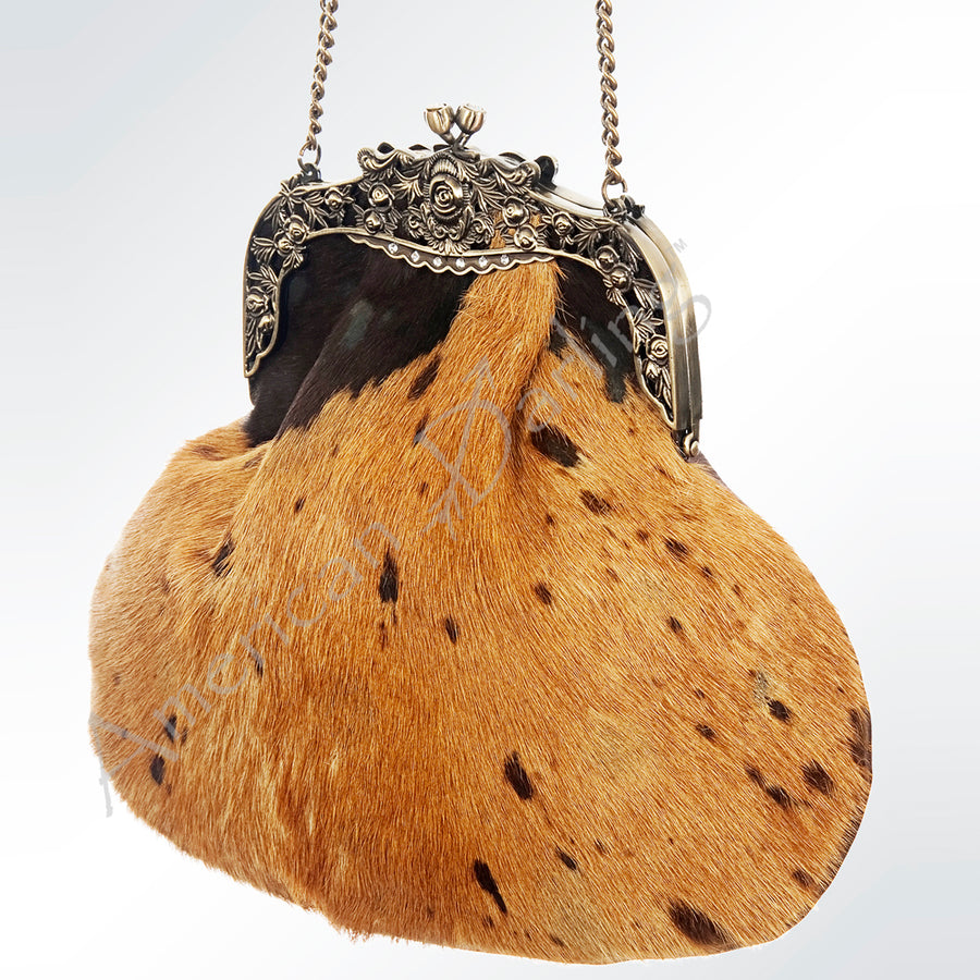 American Darling Coin Purse Bag Hair-On Cowhide Genuine Leather Western Pouch with Vintage Frame and Chain Strap