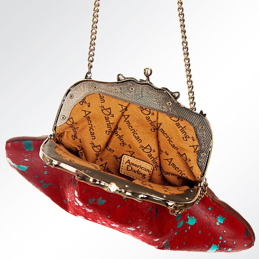 American Darling Coin Purse Bag Hair-On Cowhide Genuine Leather Western Pouch with Vintage Frame and Chain Strap
