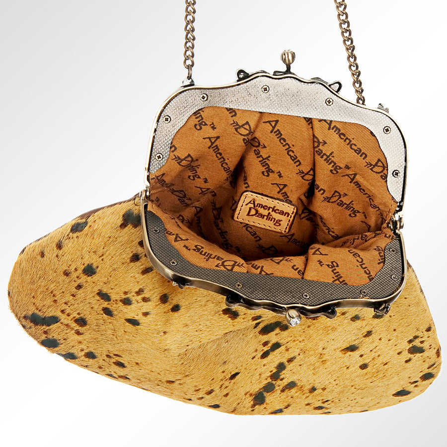 American Darling Coin Purse Bag Hair-On Cowhide Genuine Leather Western Pouch with Vintage Frame and Chain Strap