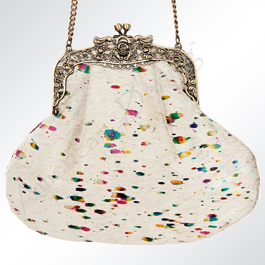 American Darling Coin Purse Bag Hair-On Cowhide Genuine Leather Western Pouch with Vintage Frame and Chain Strap
