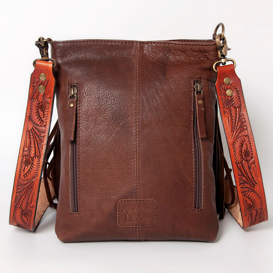 American Darling Cross body Bag Hand Tooled Floral Carved Genuine Leather with Fringes Western Purse