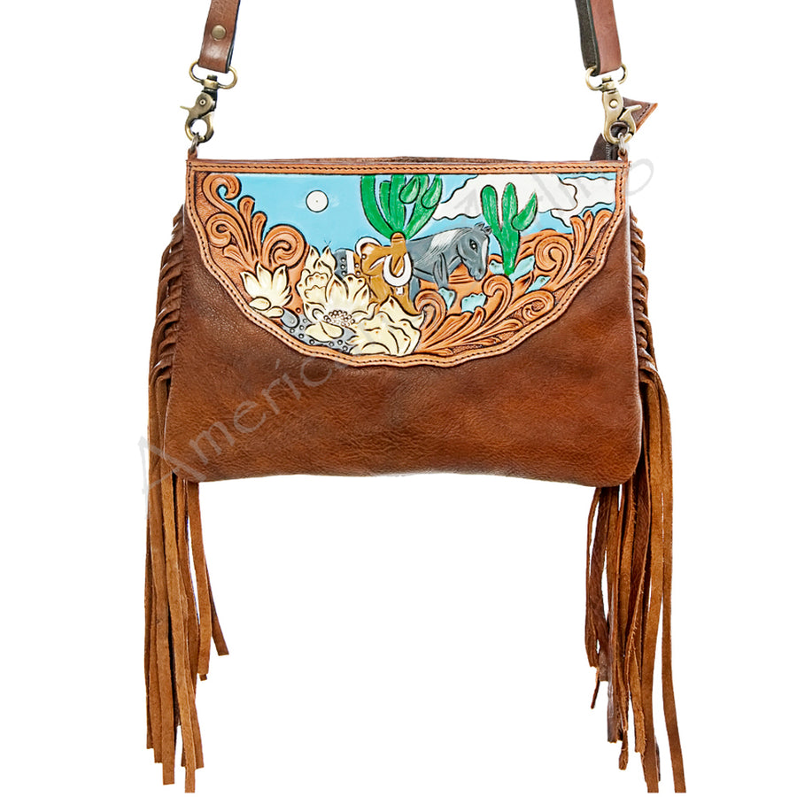 American Darling Large Cross body Bag Hand Tooled Floral Carved Genuine Leather with Fringes Western Purse
