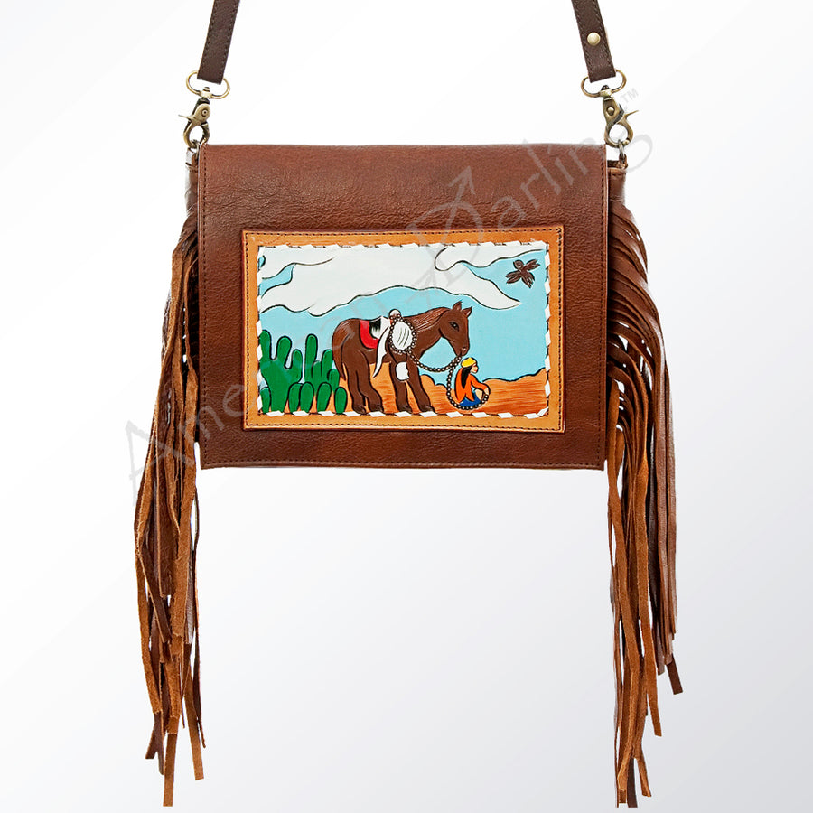 American Darling Small Cross body Bag Hand Tooled Buck Stitched Genuine Leather with Fringes Western Purse