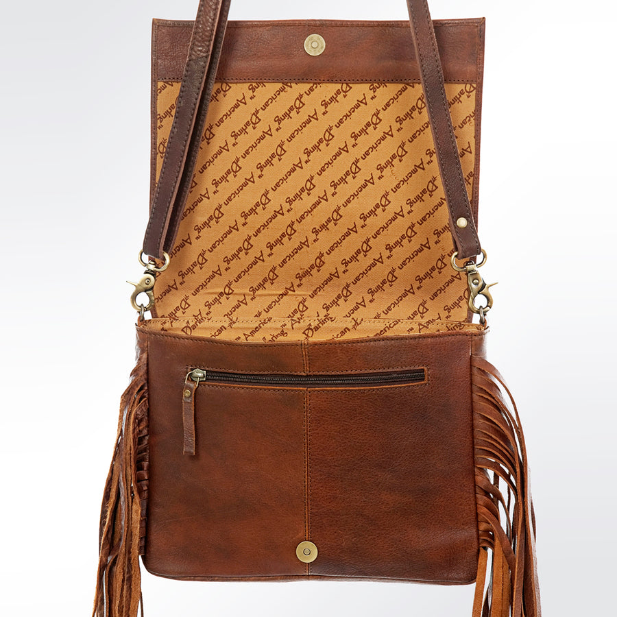 American Darling Small Cross body Bag Hand Tooled Buck Stitched Genuine Leather with Fringes Western Purse