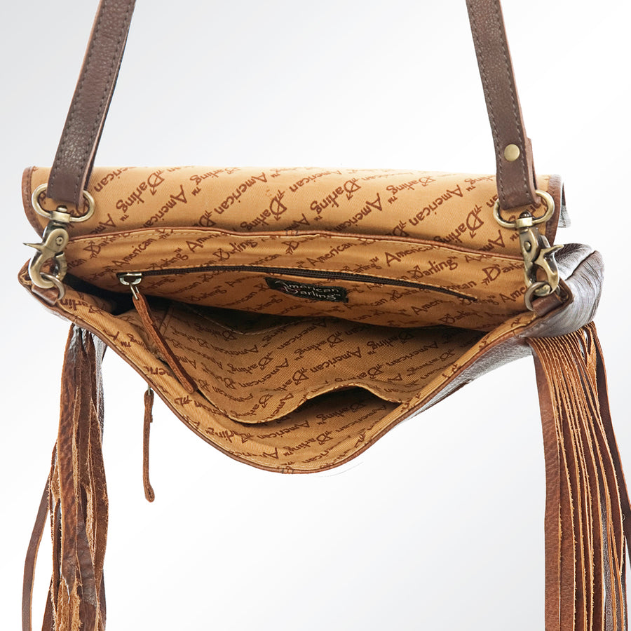 American Darling Small Cross body Bag Hand Tooled Buck Stitched Genuine Leather with Fringes Western Purse