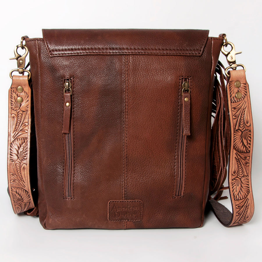 American Darling Cross body Bag Hand Tooled Floral Carved Genuine Leather with Fringes Western Purse
