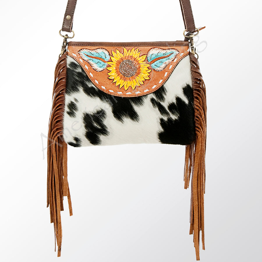 American Darling Messenger Bag Hair-On Cowhide Hand Tooled Genuine Leather with Fringes Western Purse