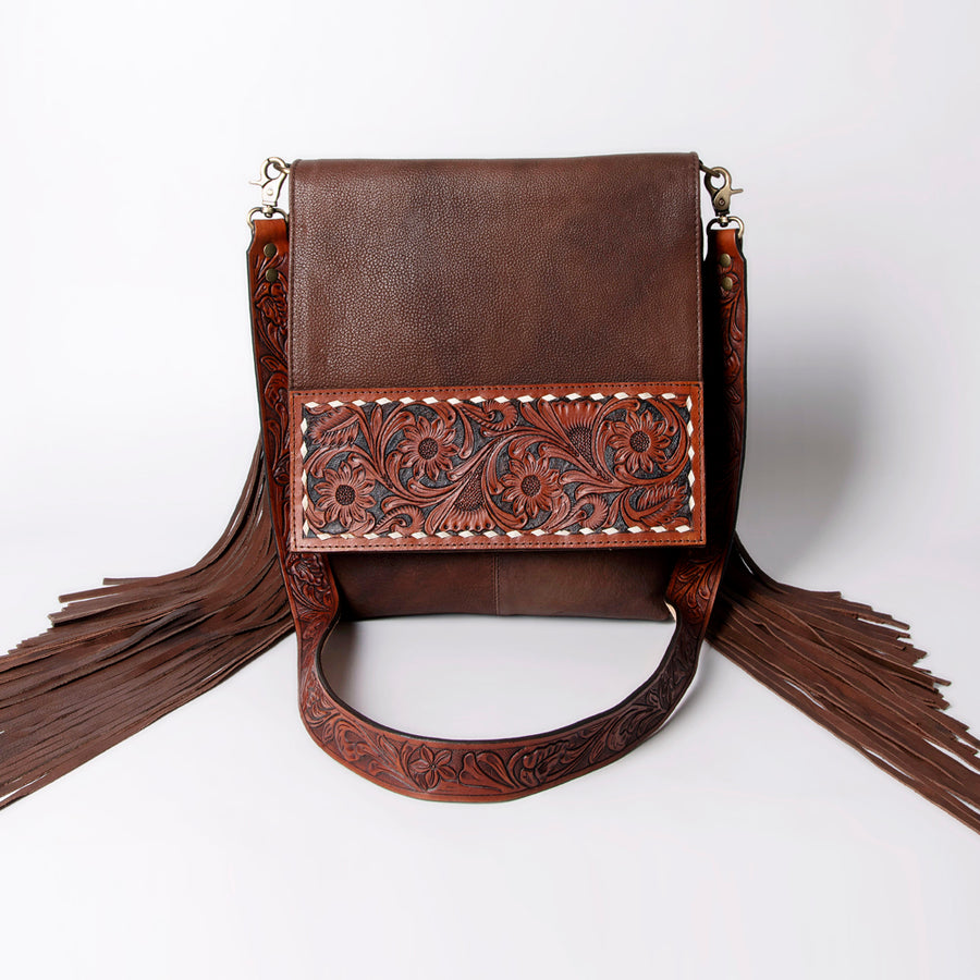 American Darling Messenger Hand Tooled Floral Carved Genuine Leather with Fringes Buck Stitched Western Accessories