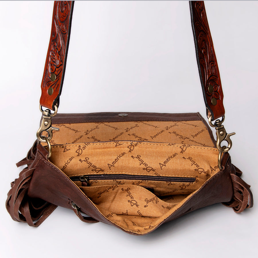 American Darling Messenger Hand Tooled Floral Carved Genuine Leather with Fringes Buck Stitched Western Accessories