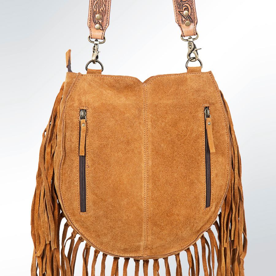 American Darling Large Cross body Bag Genuine Suede Leather Hand Tooled Floral Carved with Fringes Buck Stitched Western Purse