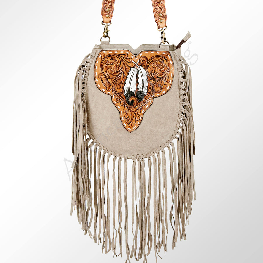 American Darling Large Cross body Bag Genuine Suede Leather Hand Tooled Floral Carved with Fringes Buck Stitched Western Purse