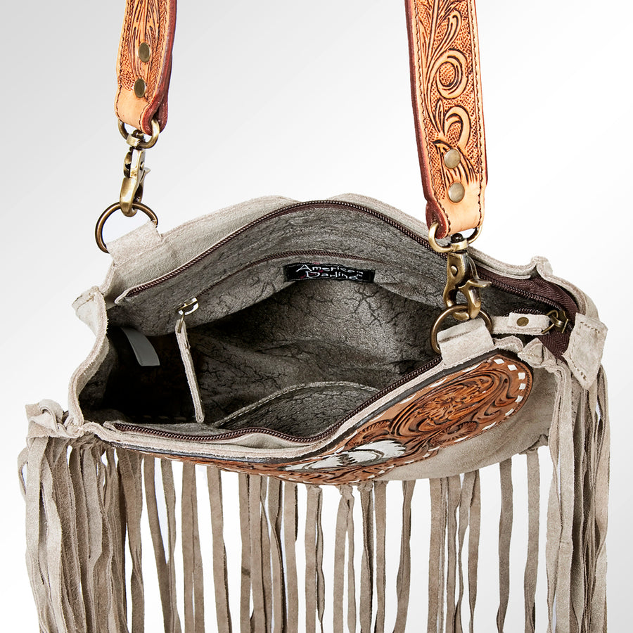 American Darling Large Cross body Bag Genuine Suede Leather Hand Tooled Floral Carved with Fringes Buck Stitched Western Purse