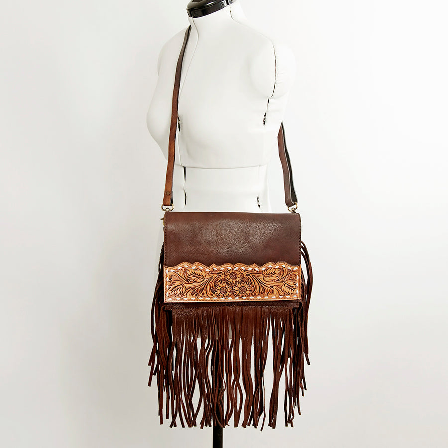 American Darling Large Cross body Bag Hand Tooled Floral Carved Genuine Leather with Fringes Western Purse