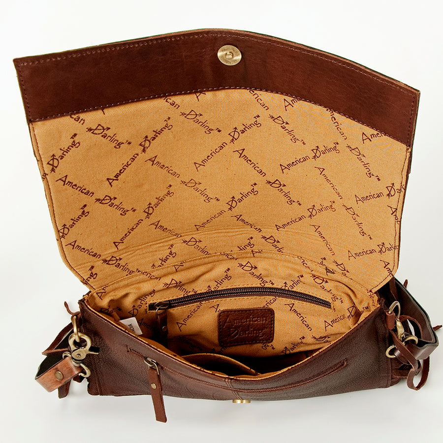American Darling Large Cross body Bag Hand Tooled Floral Carved Genuine Leather with Fringes Western Purse