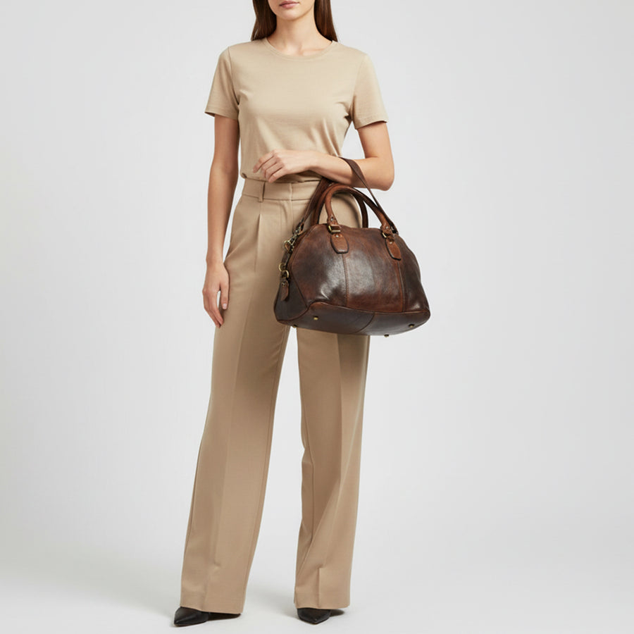 Spaghetti Western Swc124Bbrn Tote Vintage Handmade Drum Dyed Genuine European Cowhide Leather Women Bag Western Handbag Purse
