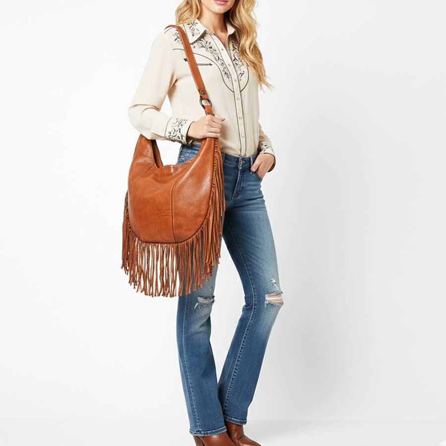 Spaghetti Western Swc127Tan Hobo Vintage Handmade Drum Dyed Genuine European Cowhide Leather Women Bag Western Handbag Purse