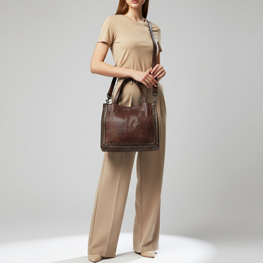 Spaghetti Western Swc133Brn Tote Vintage Handmade Drum Dyed Genuine European Cowhide Leather Women Bag Western Handbag Purse