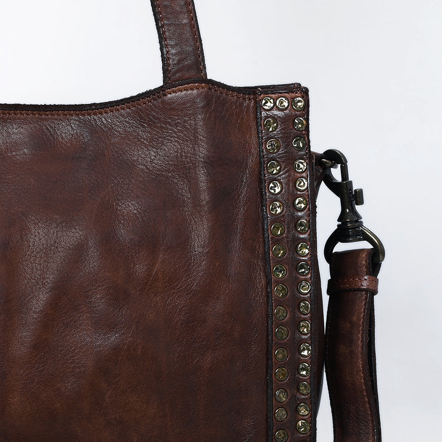 Spaghetti Western Swc133Brn Tote Vintage Handmade Drum Dyed Genuine European Cowhide Leather Women Bag Western Handbag Purse