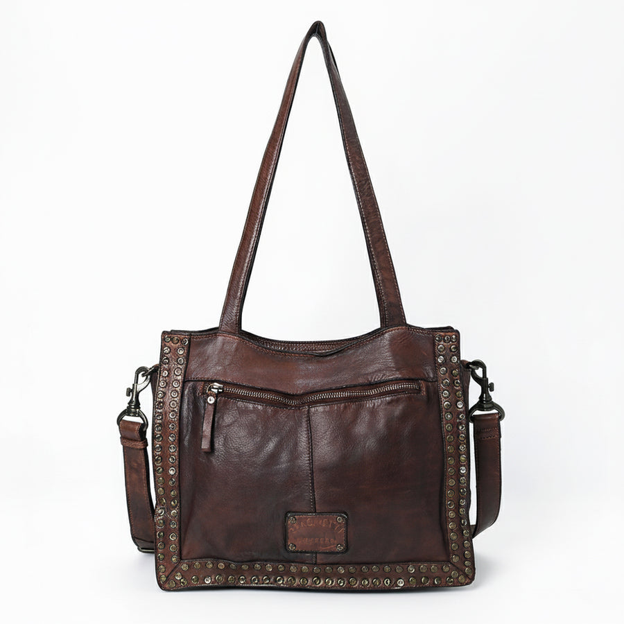 Spaghetti Western Swc133Brn Tote Vintage Handmade Drum Dyed Genuine European Cowhide Leather Women Bag Western Handbag Purse
