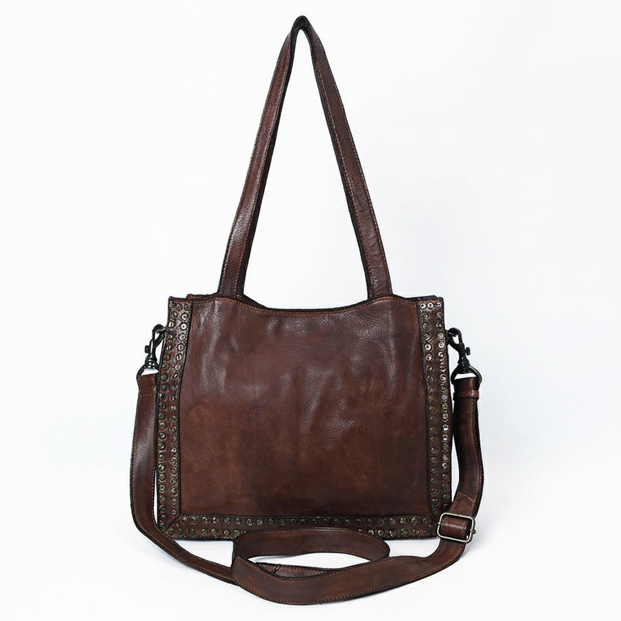 Spaghetti Western Swc133Brn Tote Vintage Handmade Drum Dyed Genuine European Cowhide Leather Women Bag Western Handbag Purse
