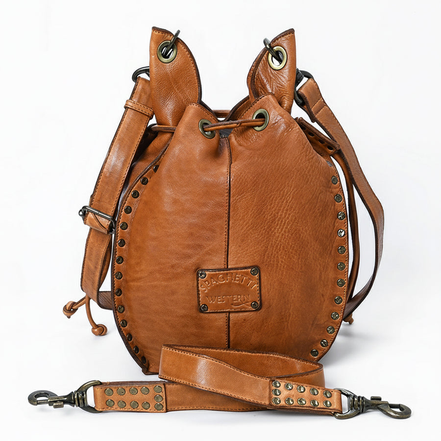 Spaghetti Western Swc137Tan Bucket Vintage Handmade Drum Dyed Genuine European Cowhide Leather Women Bag Western Handbag Purse