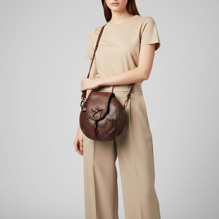 Spaghetti Western Swc152Brn Canteen Vintage Handmade Drum Dyed Genuine European Cowhide Leather Women Bag Western Handbag Purse