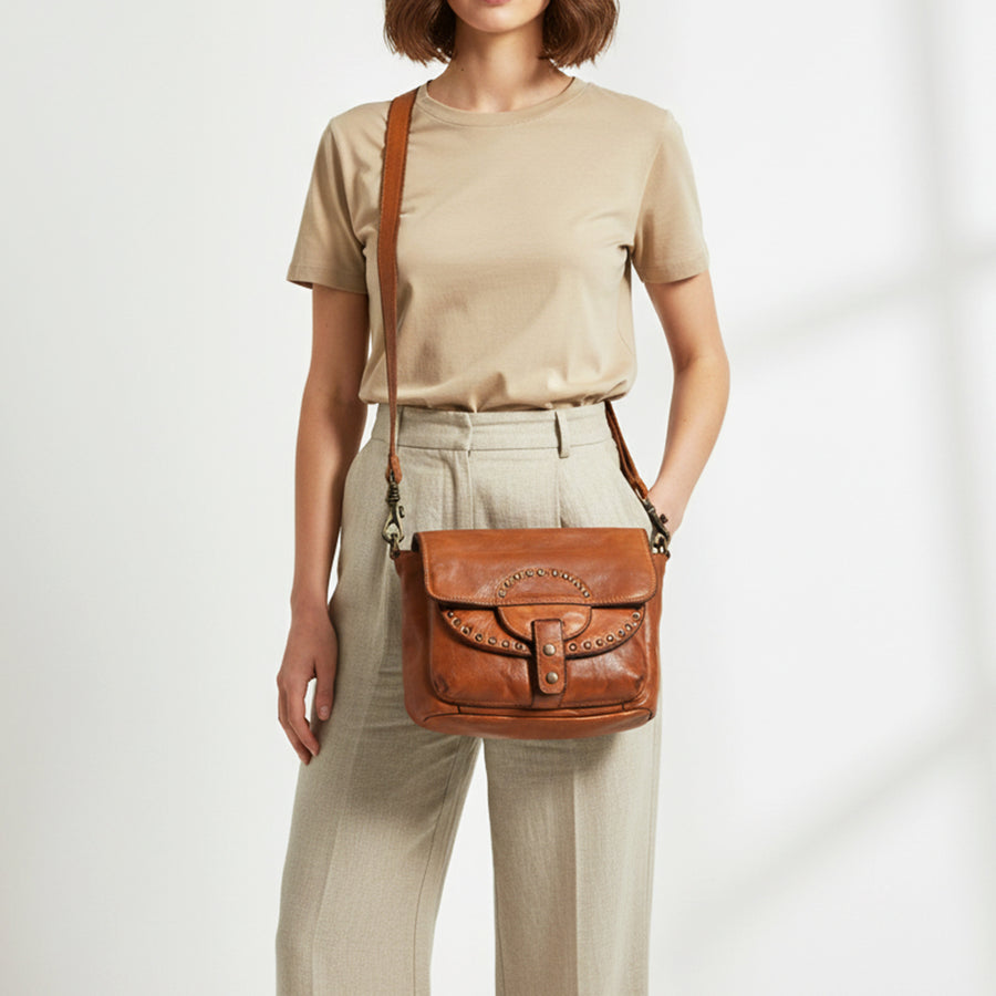 Spaghetti Western Swc162Tan Cross Body I Vintage Handmade Drum Dyed Genuine European Cowhide Leather Women Bag Western Handbag Purse