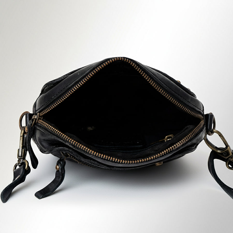 Spaghetti Western Swc166Blk Small Crossbody Vintage Handmade Drum Dyed Genuine European Cowhide Leather Women Bag Western Handbag Purse