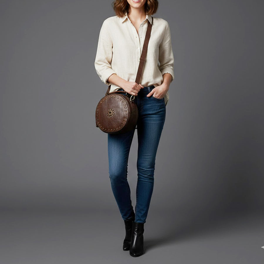 Spaghetti Western Swc168Brn Canteen Vintage Handmade Drum Dyed Genuine European Cowhide Leather Women Bag Western Handbag Purse