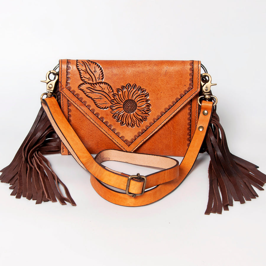 American Darling Envelope Bag Hand Tooled Floral Carved Genuine Leather with Fringes Western Purse