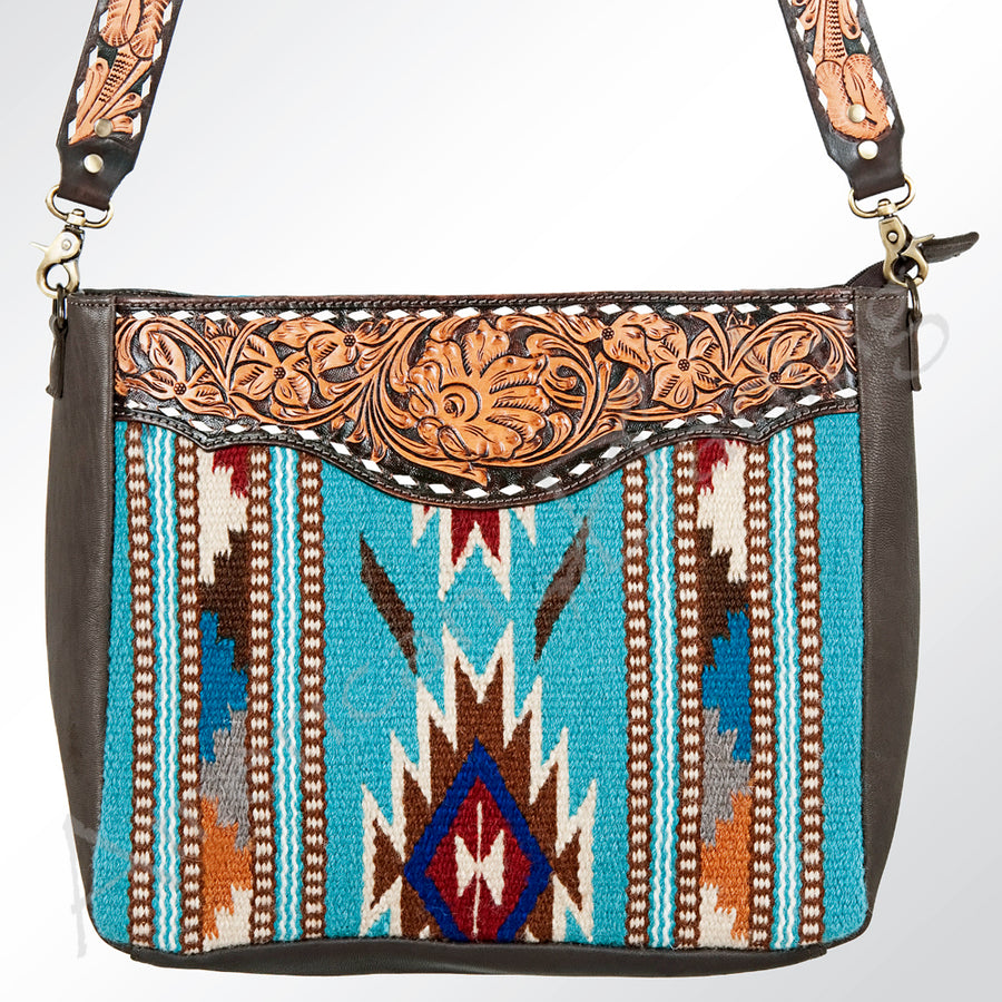 American Darling Women's Hand Tooled Floral Carved Leather Cross body Bag with Hand-Woven Saddle Blanket and Buck Stitching