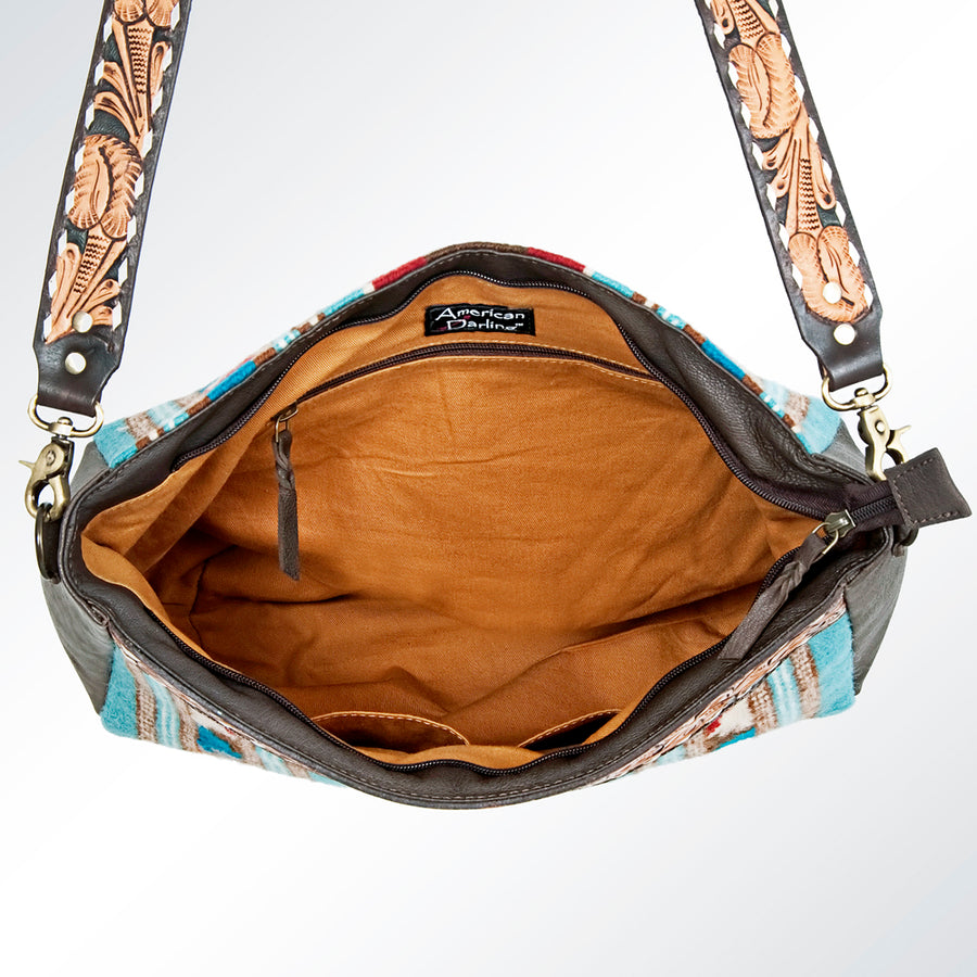 American Darling Women's Hand Tooled Floral Carved Leather Cross body Bag with Hand-Woven Saddle Blanket and Buck Stitching