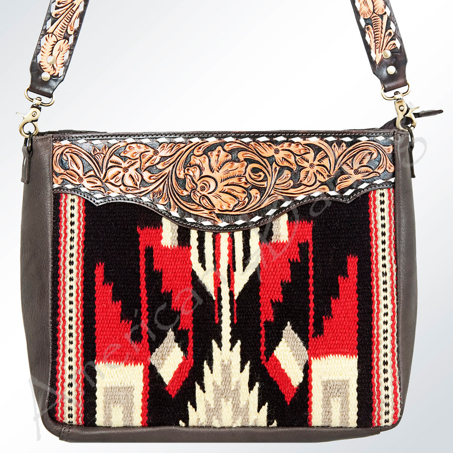 American Darling Women's Hand Tooled Floral Carved Leather Cross body Bag with Hand Woven Saddle Blanket and Buck Stitching