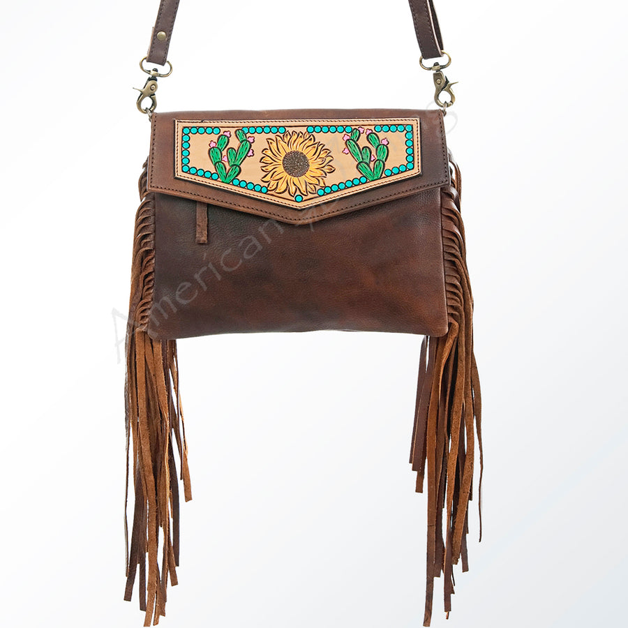 American Darling Women's Hand Tooled Floral Carved Leather Envelope Bag with Fringes and Eco-Friendly Full Grain Leather