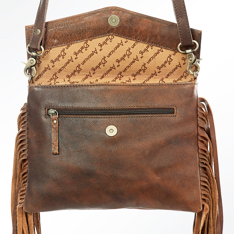 American Darling Women's Hand Tooled Floral Carved Leather Envelope Bag with Fringes and Eco-Friendly Full Grain Leather