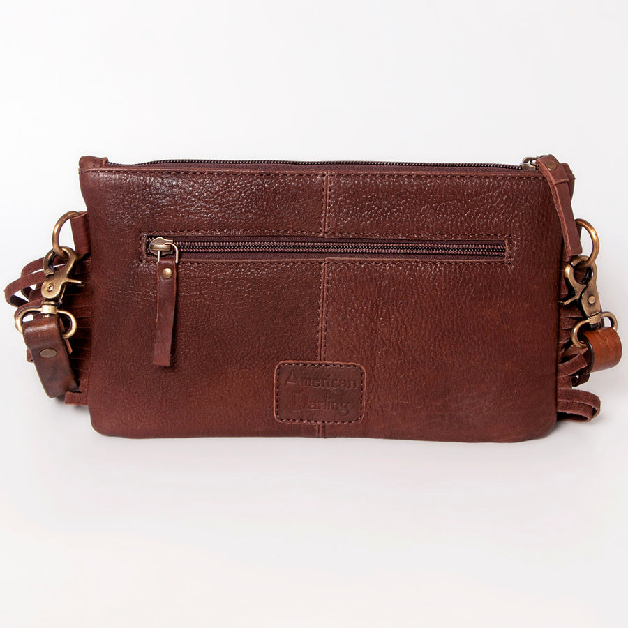 American Darling Women's Hand Tooled Sunflower Carved Leather Small Crossbody Bag with Fringes and Eco-Friendly Full Grain Leather